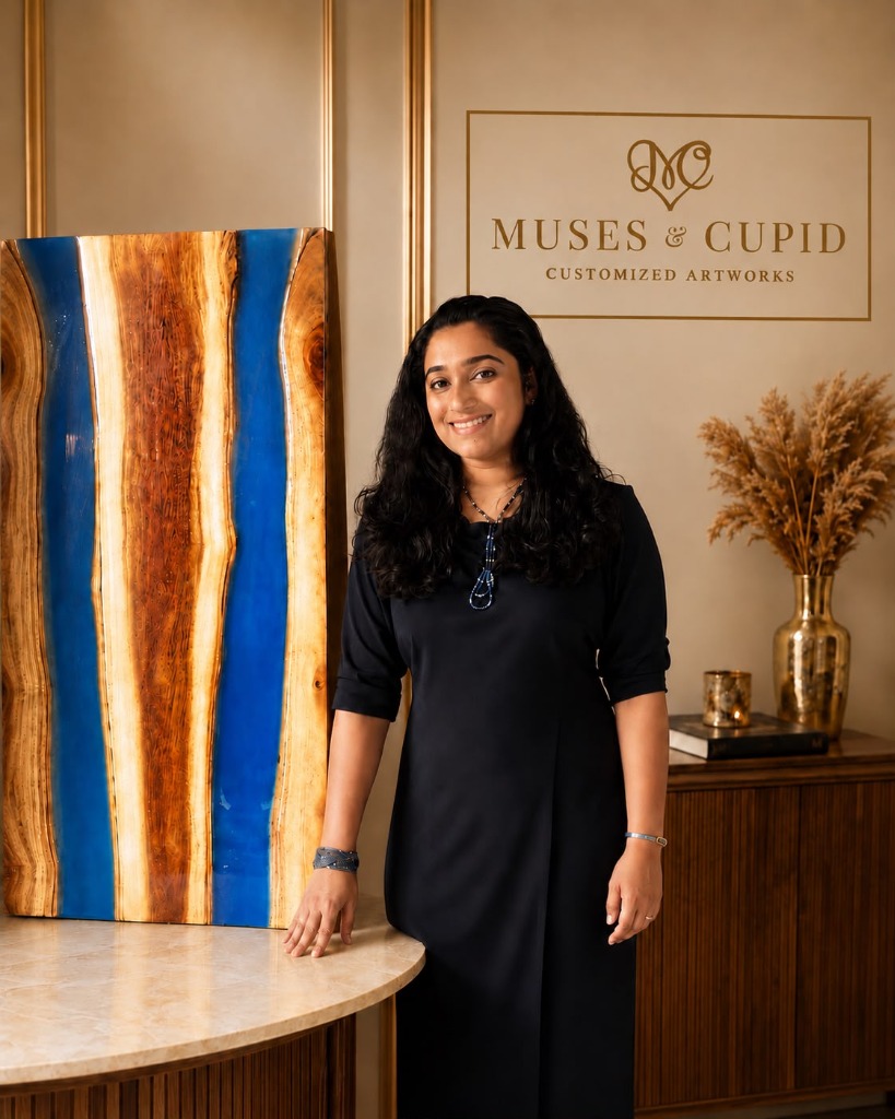 Resin artist Sumi with customized river table artwork