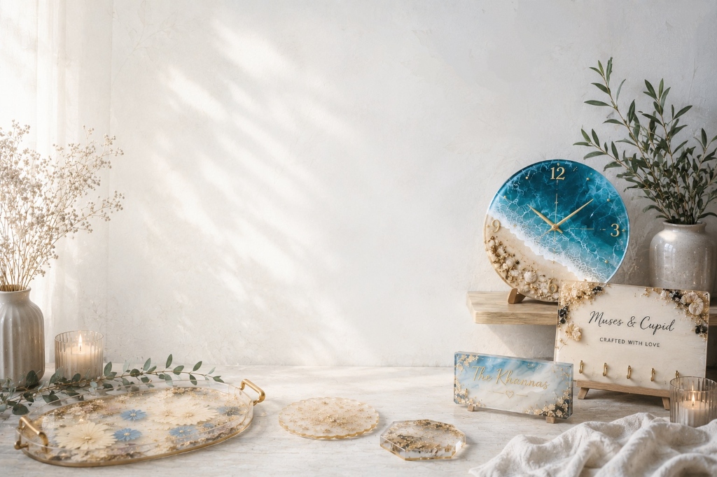 Luxury handcrafted resin artworks displayed in a modern beige home interior